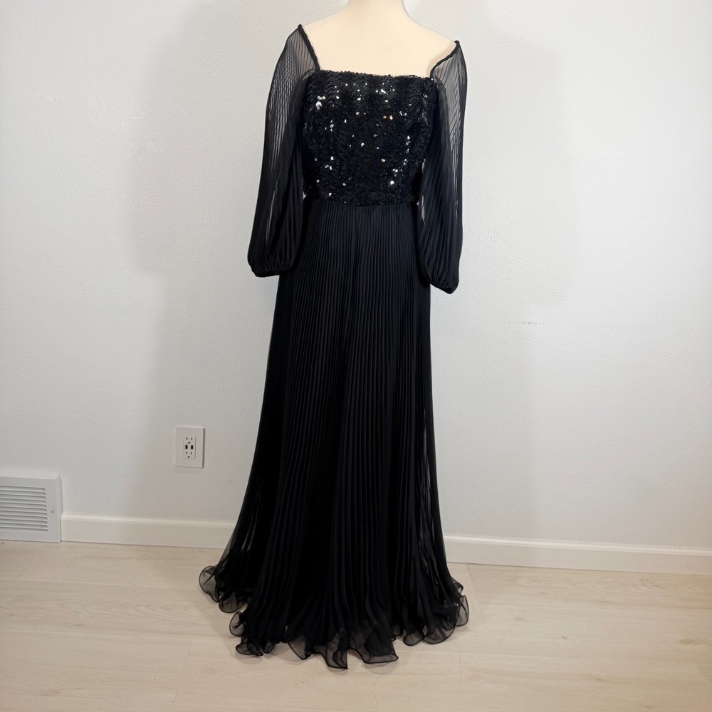 Miss Elliette Vintage 70s Goth Fairy Sequin Pleated Black Maxi Dress Gown XS
